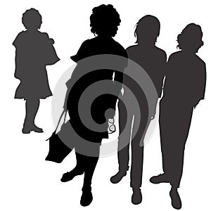 Vector silhouettes of a female group, 3 Ð²Ð·Ñ€Ð¾ÑÐ»Ñ‹Ðµ women are standing close together, a girl with a bag holding sun glasses